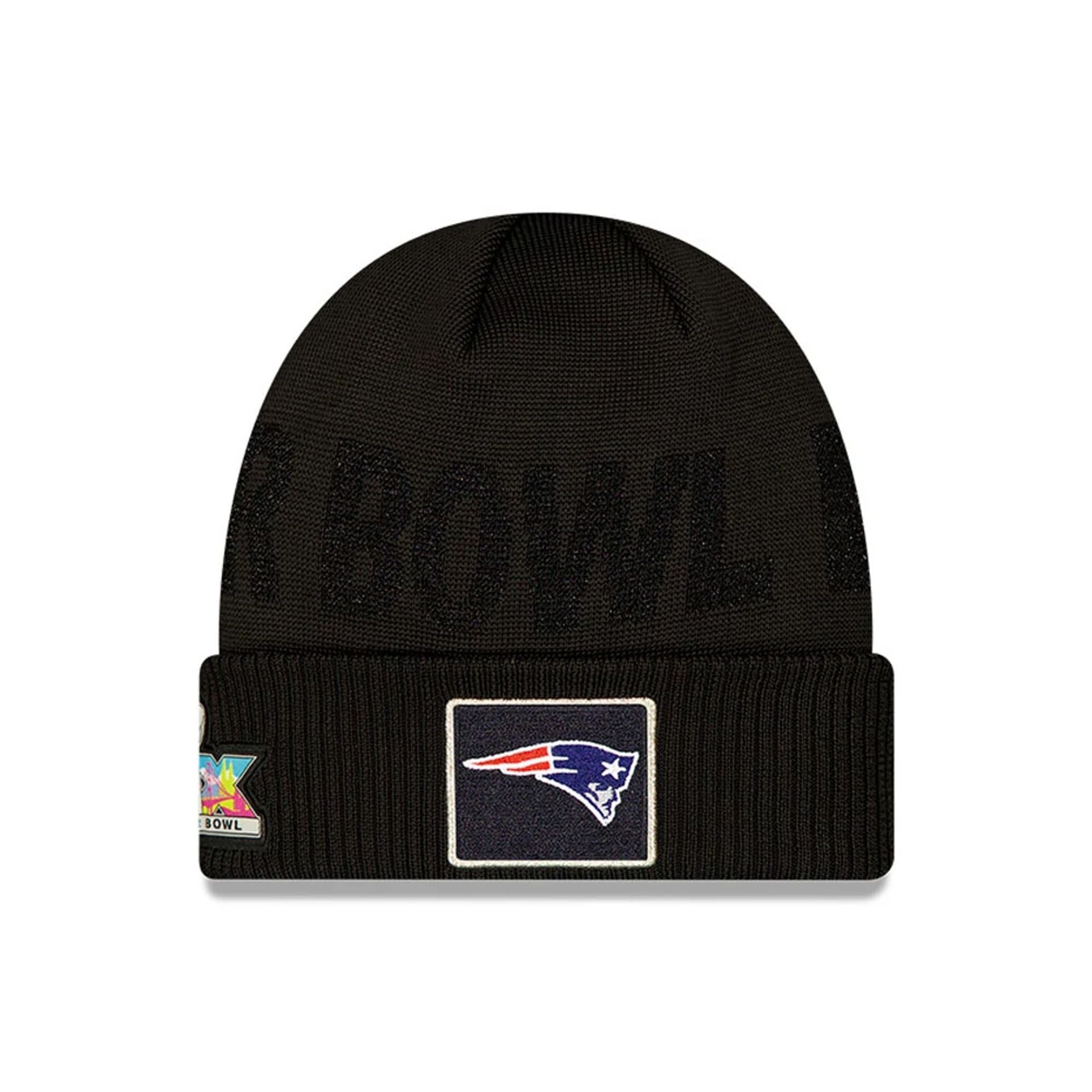 Pictured is this New England Patriots Super Bowl 2026 On Field Black Cuff Knit Beanie hat. 1