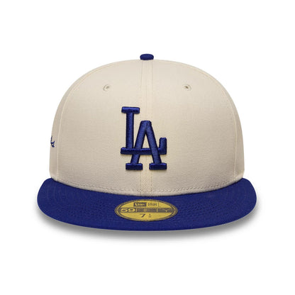 Pictured is this MLB Side Script LA Dodgers 59FIFTY Fitted cap in cream & blue. 2