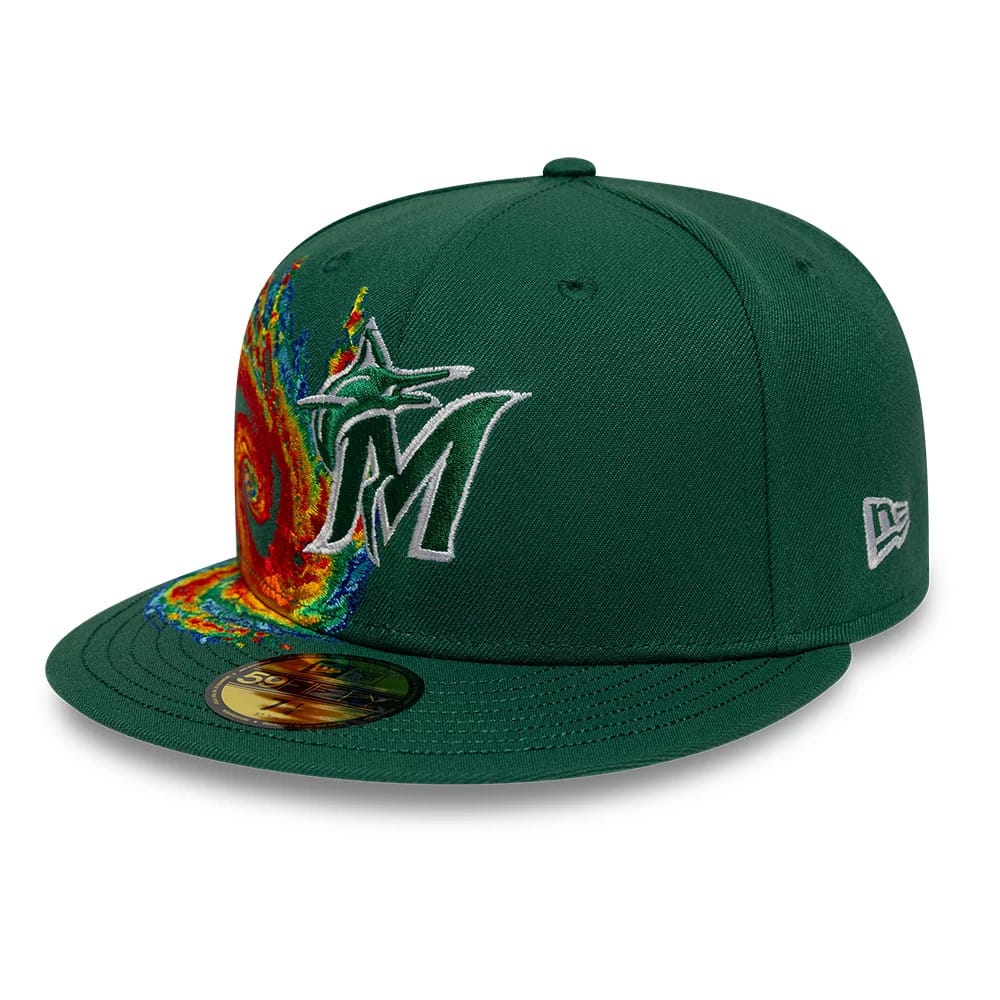 Pictured is this MLB Storm Pattern Miami Marlins 59FIFTY Fitted cap in Dark Green. 3