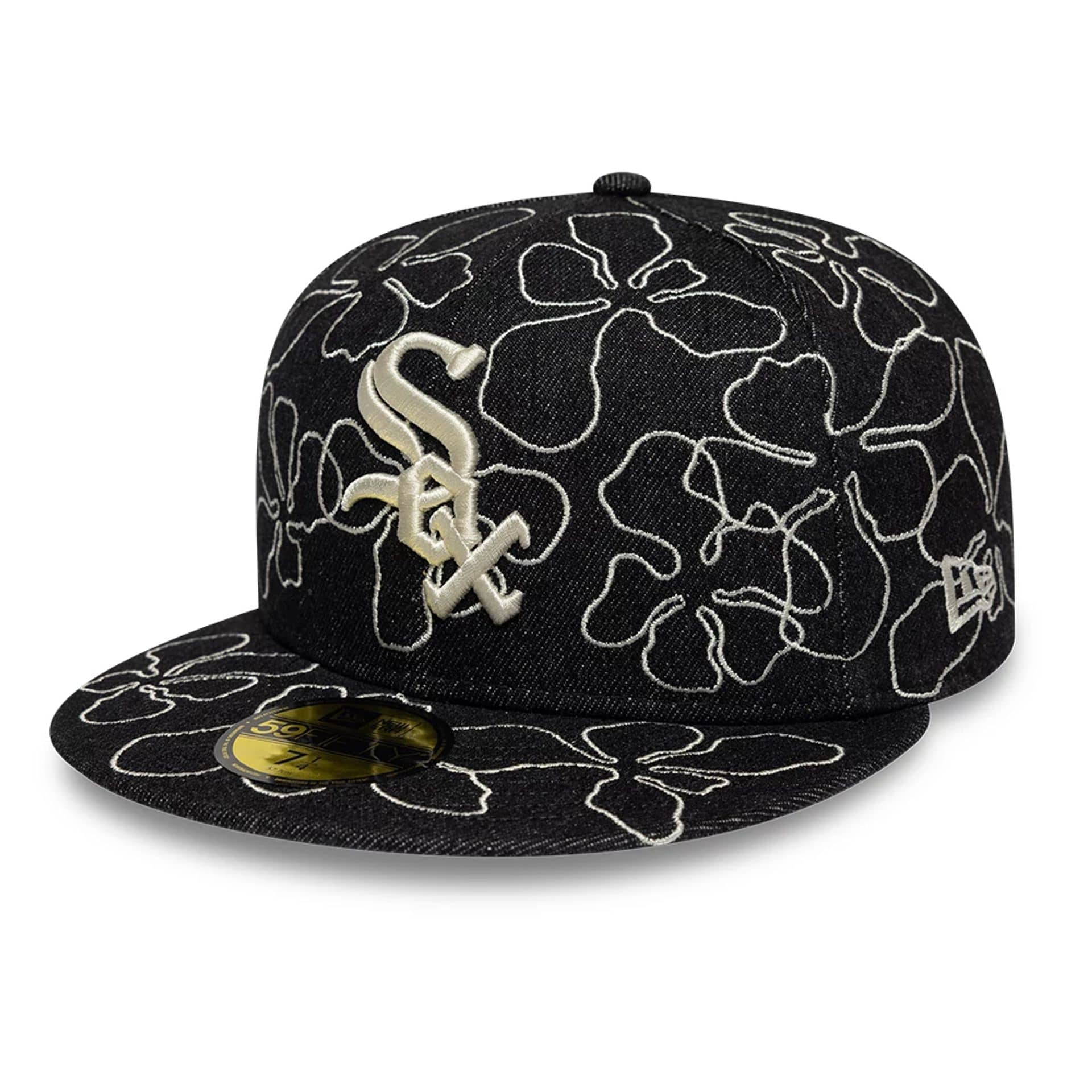 Pictured is this MLB Floral Denim Chicago White Sox 59FIFTY Fitted cap in black. 1