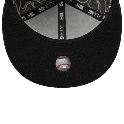Chicago White Sox MLB Floral Denim Black New Era 59FIFTY Fitted Cap, inside view showing the floral pattern on the panels, the black undervisor with a baseball-shaped authenticity sticker, and the black sweatband with 59FIFTY taping.