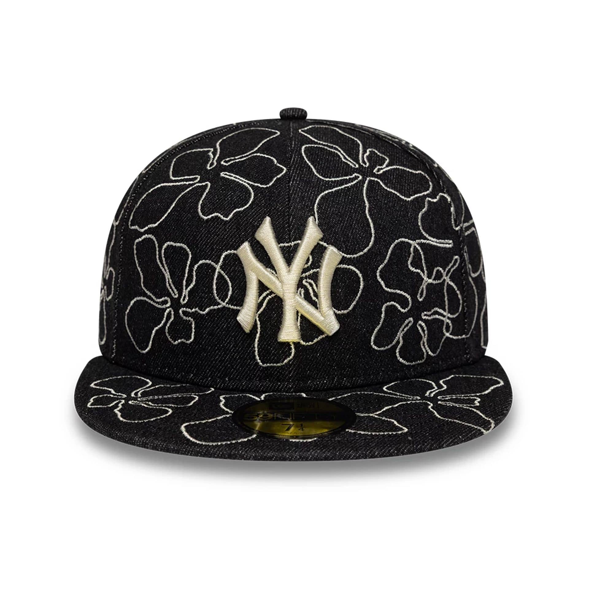 Pictured is this MLB Floral Denim New York Yankees 59FIFTY Fitted cap in black. 2