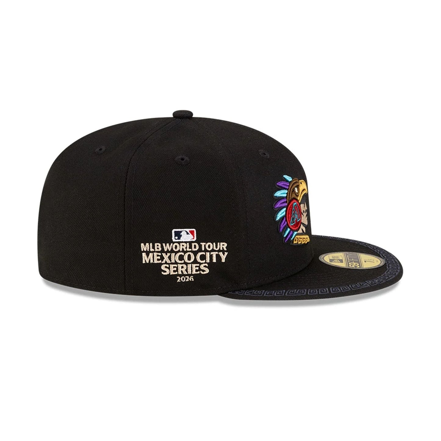 Pictured is this MLB Mexico City Series 2026 MLB Dueling League Logos 59FIFTY Fitted cap in black. 7