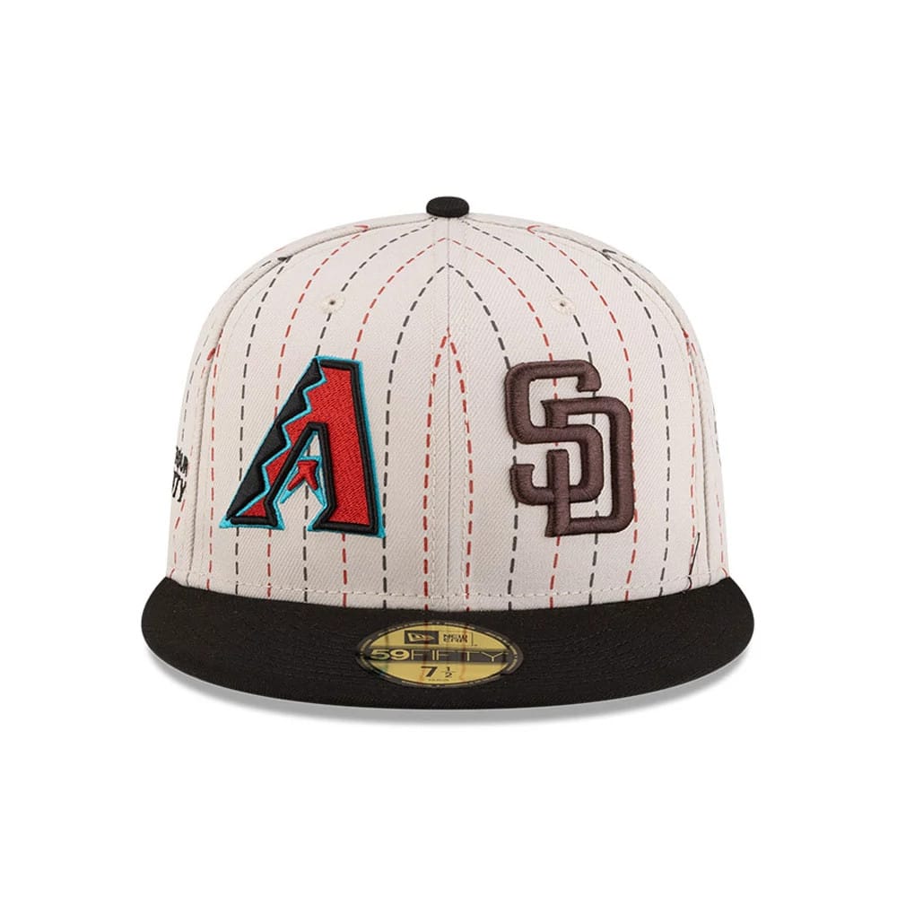 Pictured is this MLB Mexico City Series 2026 MLB Dueling League Logos 59FIFTY Fitted cap in light beige. 3