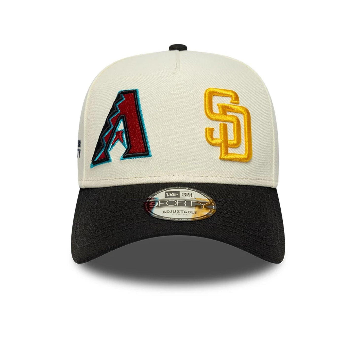 Pictured is this MLB Mexico City Series 2026 MLB Dueling League Logos 9FORTY A-Frame Adjustable cap in white. 3