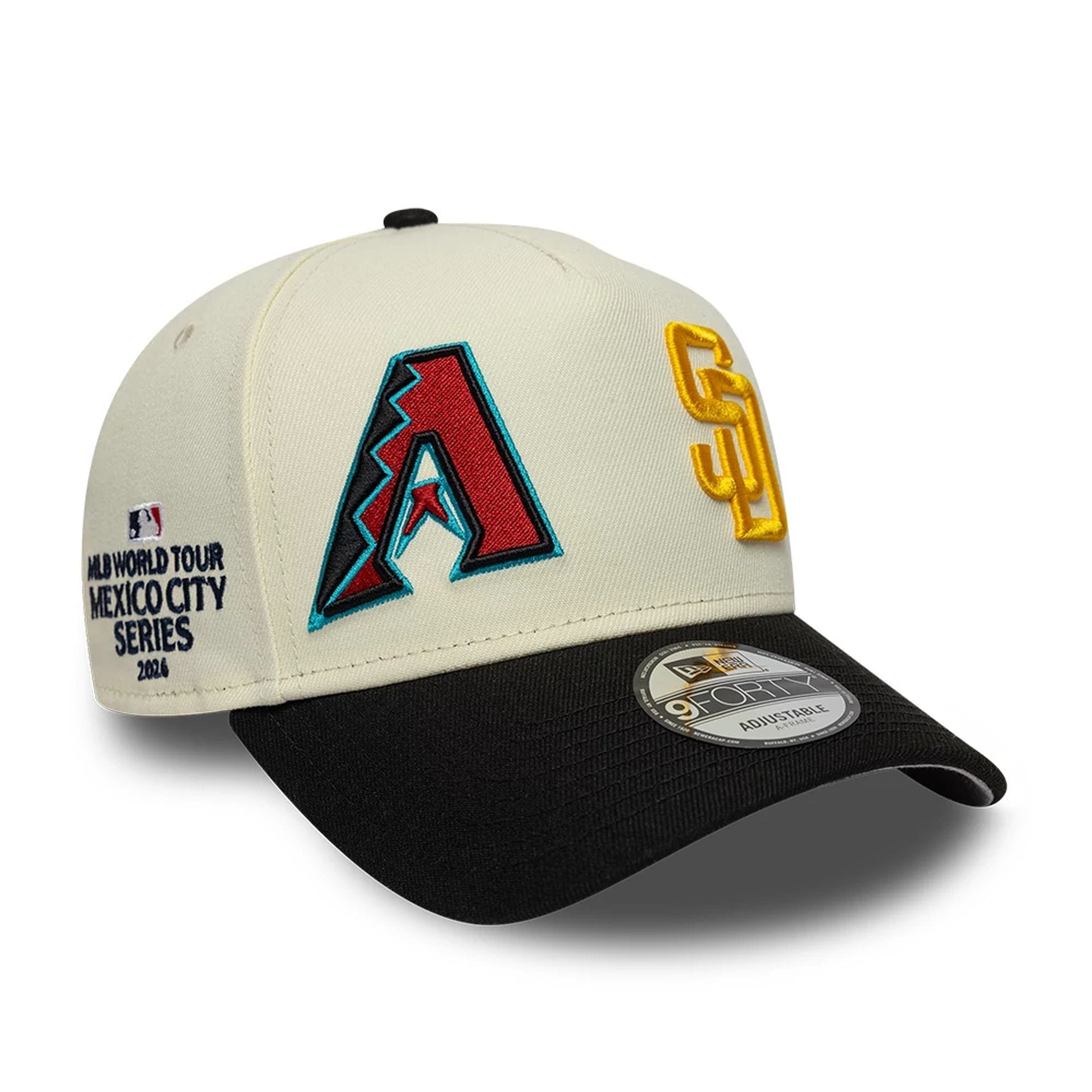 Pictured is this MLB Mexico City Series 2026 MLB Dueling League Logos 9FORTY A-Frame Adjustable cap in white. 4