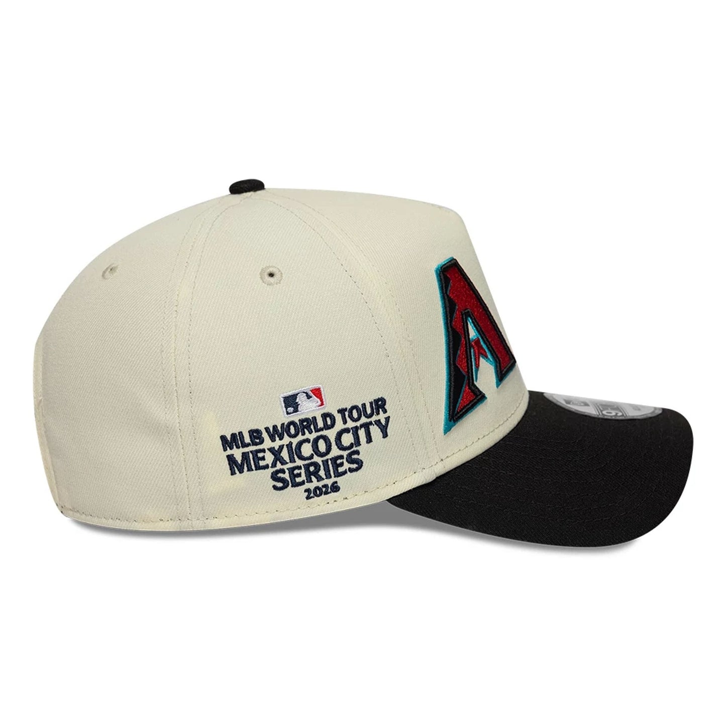 Pictured is this MLB Mexico City Series 2026 MLB Dueling League Logos 9FORTY A-Frame Adjustable cap in white. 5