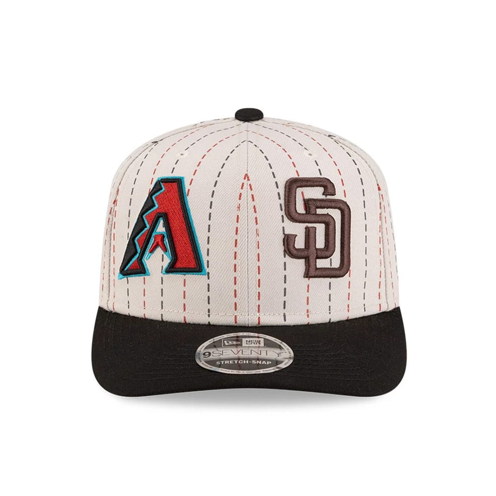 Pictured is this MLB Mexico City Series 2026 MLB Dueling League Logos 9SEVENTY Stretch Snap Adjustable cap in light beige. 3