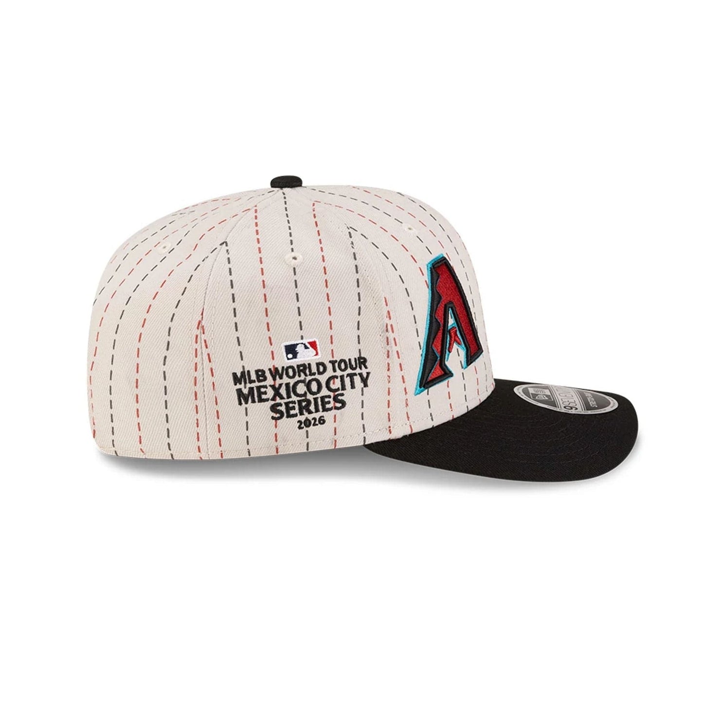 Pictured is this MLB Mexico City Series 2026 MLB Dueling League Logos 9SEVENTY Stretch Snap Adjustable cap in light beige. 5