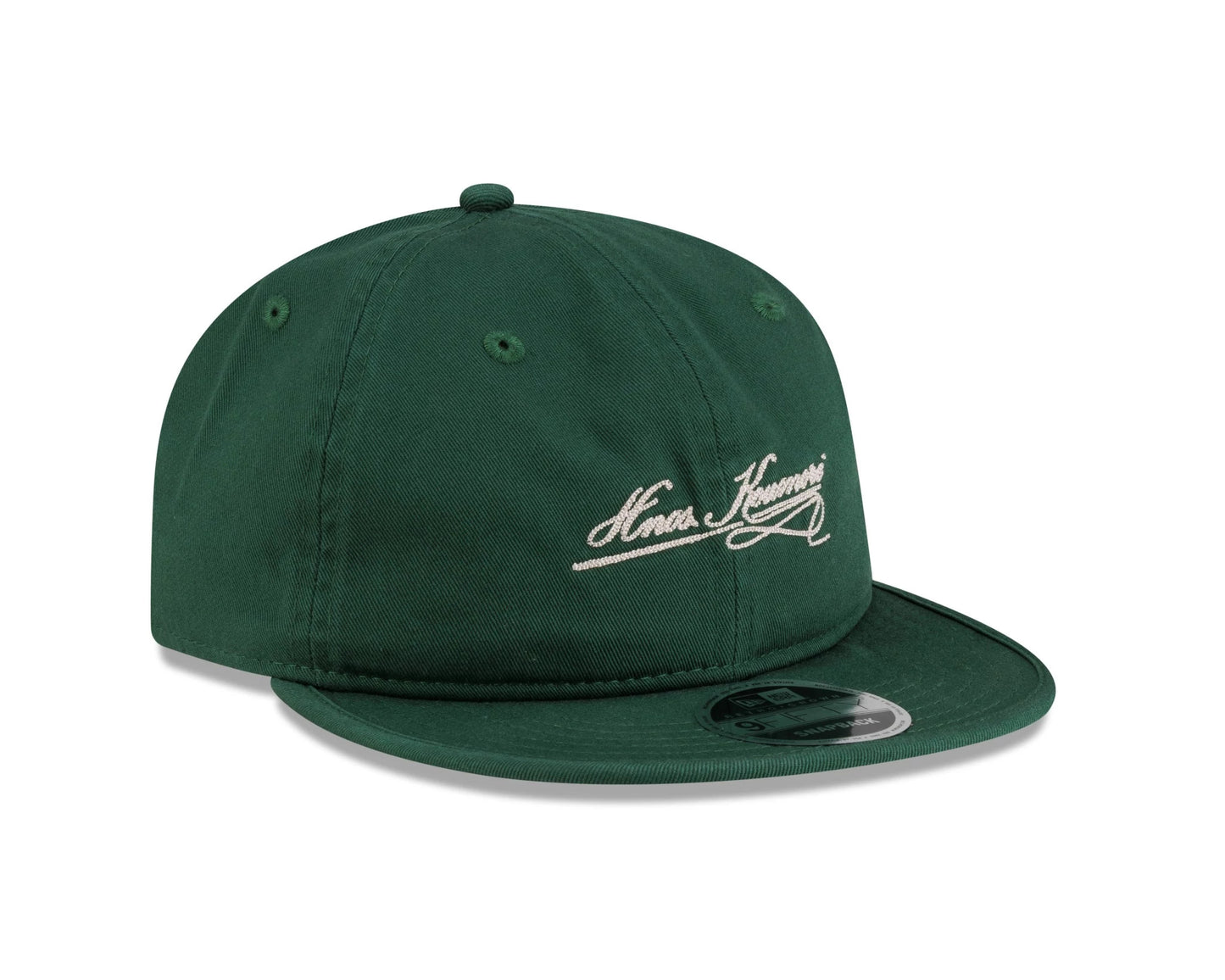 Pictured is this New Era X Hermanos Koumori Cursive Retro Crown 9FIFTY cap in green. 3