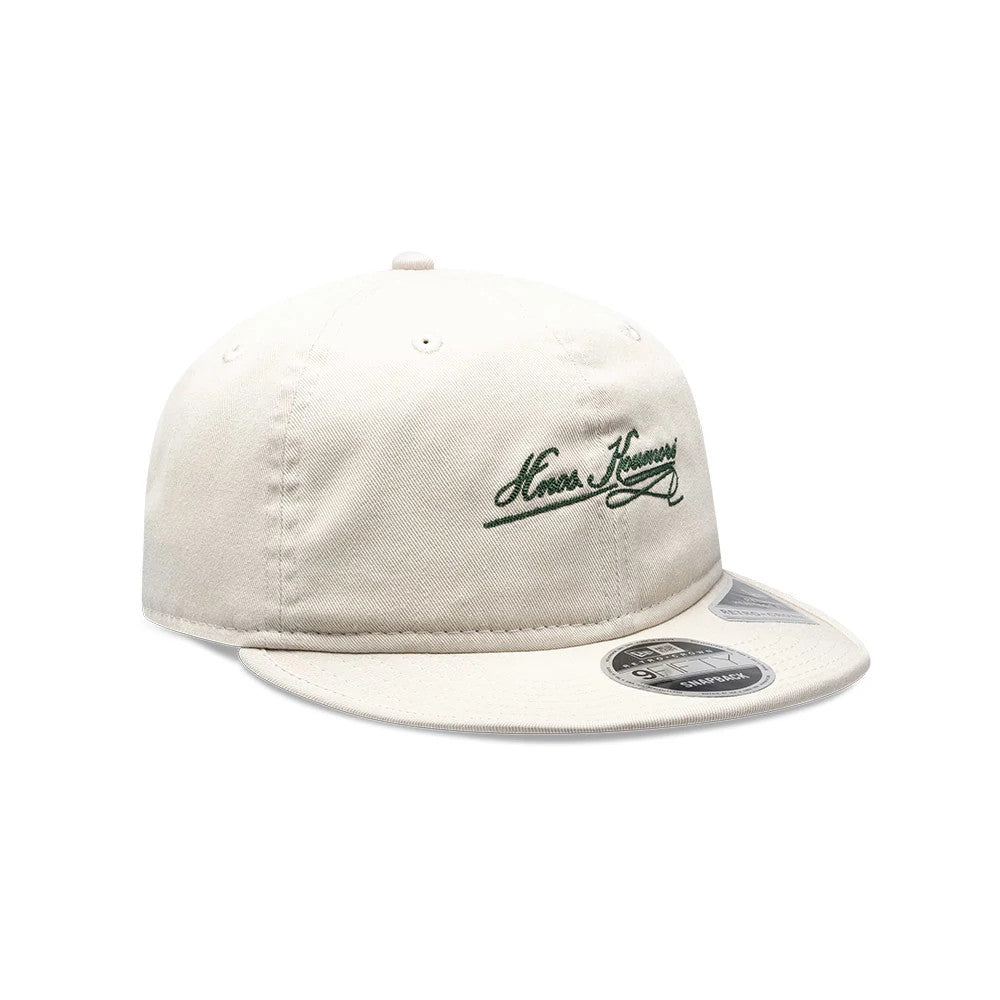 Pictured is this New Era X Hermanos Koumori Cursive Retro Crown 9FIFTY cap in Cream. 3