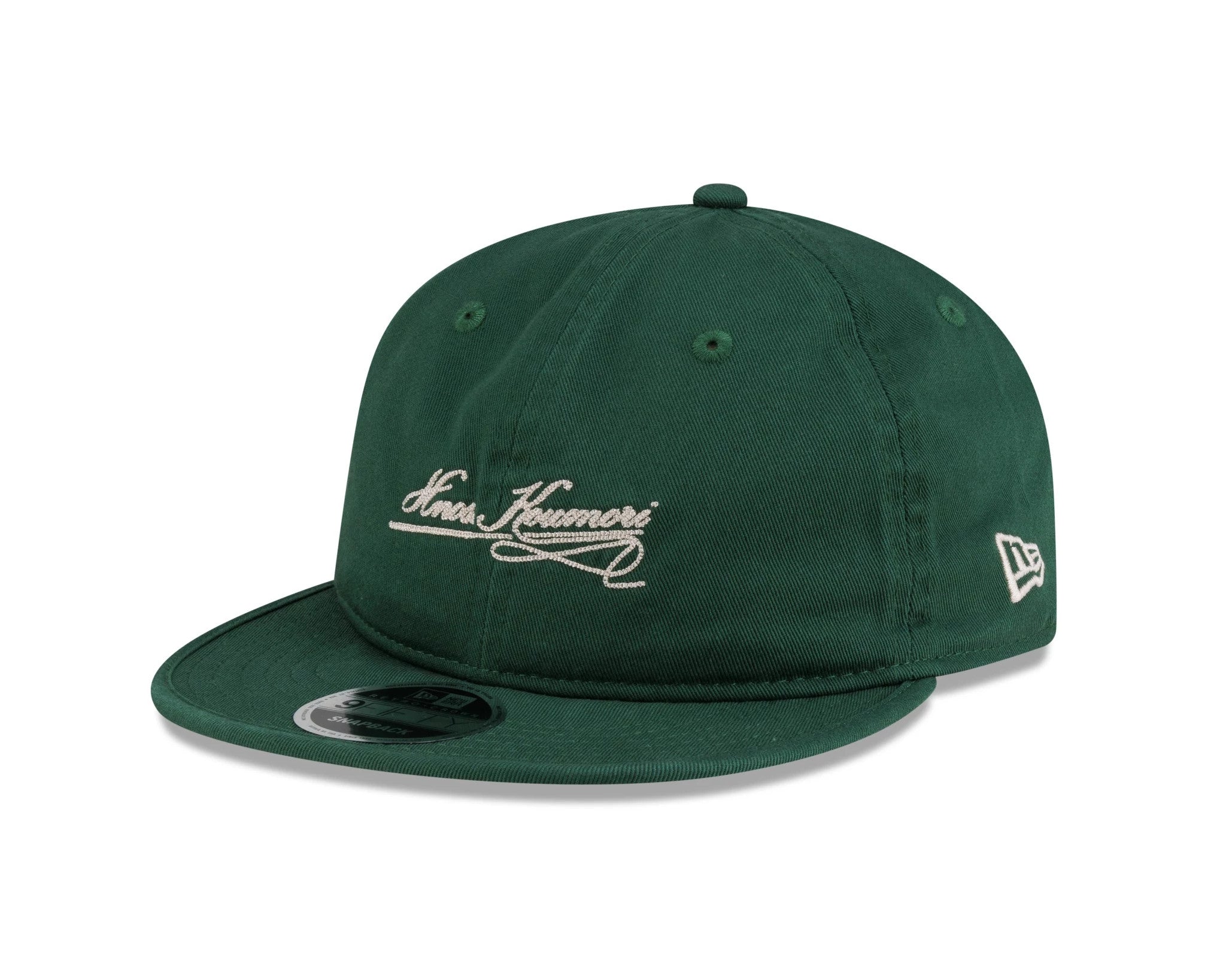 Pictured is this New Era X Hermanos Koumori Cursive Retro Crown 9FIFTY cap in green. 1