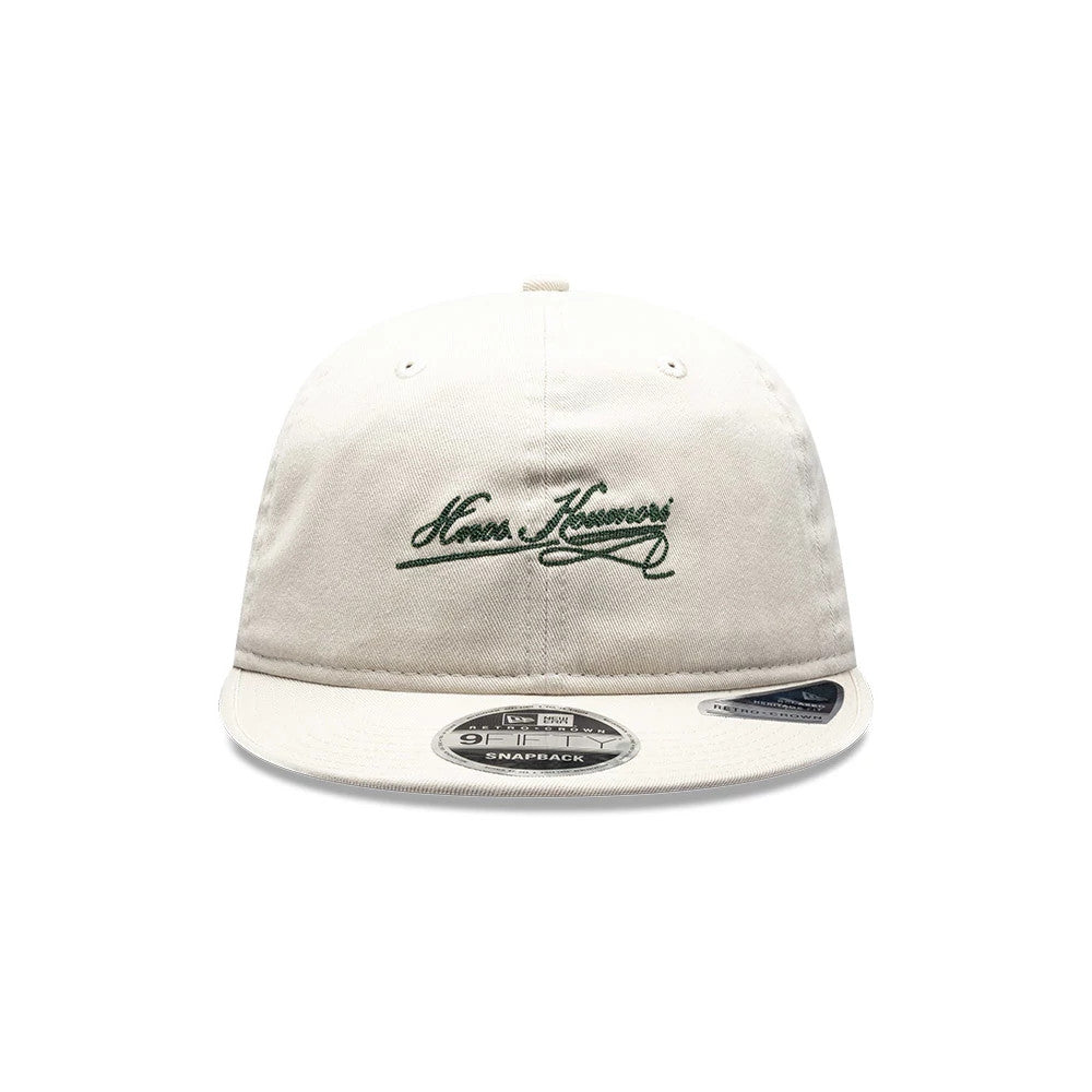 Pictured is this New Era X Hermanos Koumori Cursive Retro Crown 9FIFTY cap in Cream. 2