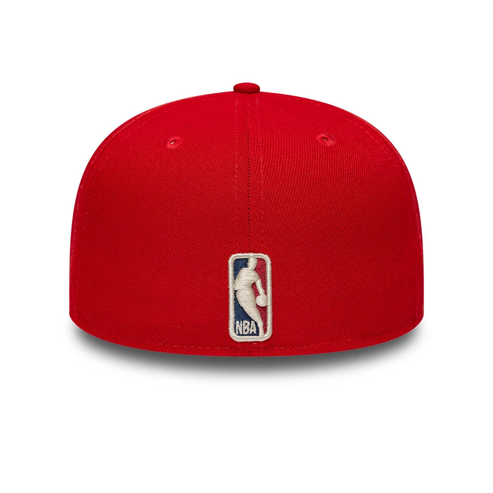 Philadelphia 76ers NBA Hardwood Classic Red New Era 59FIFTY Fitted Cap, rear view showing the cream embroidered NBA logo at the centre of the back panels on the red structured crown, with a matching red top button and eyelets.