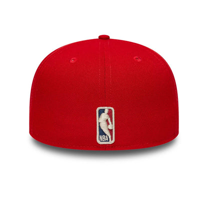 Philadelphia 76ers NBA Hardwood Classic Red New Era 59FIFTY Fitted Cap, rear view showing the cream embroidered NBA logo at the centre of the back panels on the red structured crown, with a matching red top button and eyelets.