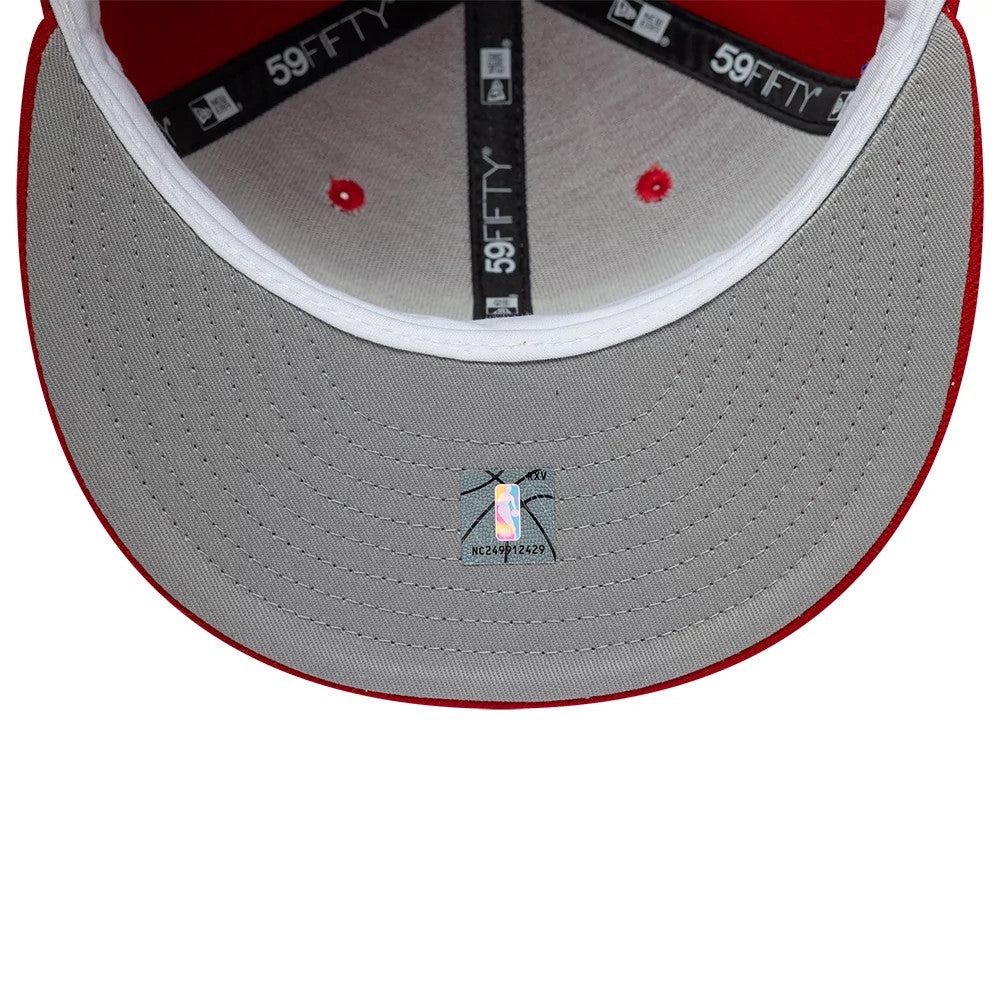 Philadelphia 76ers NBA Hardwood Classic Red New Era 59FIFTY Fitted Cap, inside view showing grey undervisor with NBA logo sticker, black 59FIFTY taping along seams, and white sweatband, featuring red eyelets on the inner crown.