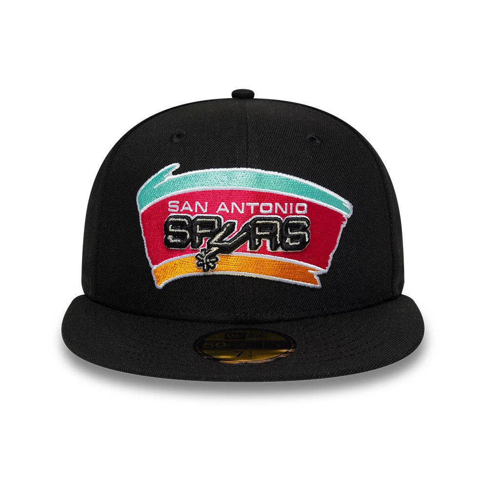 San Antonio Spurs NBA Hardwood Classic Black New Era 59FIFTY Fitted Cap, front view showing the embroidered Spurs logo in teal, red, and orange on the structured black crown, with a flat black visor and a gold 59FIFTY size sticker.