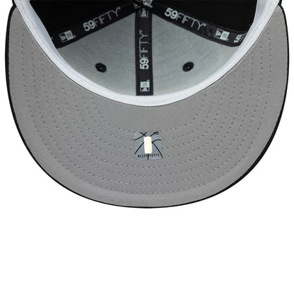 San Antonio Spurs NBA Hardwood Classic Black New Era 59FIFTY Fitted Cap, inside view showing the black 59FIFTY taping along the edges, grey undervisor with detailed stitching, and the white sweatband lining the interior of the structured crown.