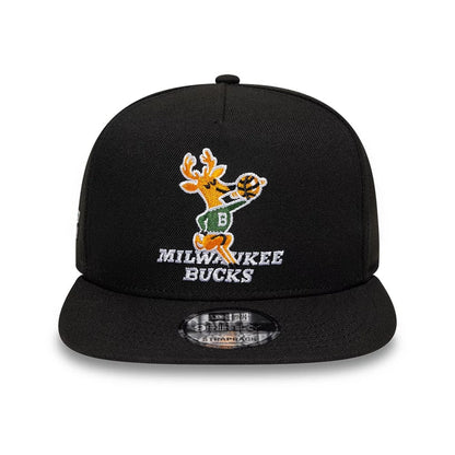 Pictured is this NBA Hardwood Classic Milwaukee Bucks 9FIFTY A-Frame Snapback cap in black. 3