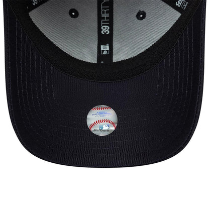 Yankees MLB Neo Navy New Era 39THIRTY Stretch Fit Cap, inside view featuring a grey undervisor contrasted with navy taping, showing the 39THIRTY logo and MLB Batterman logo on the taping, with a baseball-themed sticker on the navy visor.