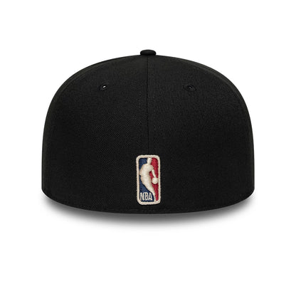 Milwaukee Bucks NBA Hardwood Classic Black New Era 59FIFTY Fitted Cap, rear view showing the embroidered NBA logo at the centre back, set against a structured black crown with matching eyelets and top button.