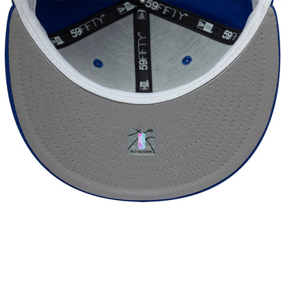 Golden State Warriors NBA Hardwood Classic Blue New Era 59FIFTY Fitted Cap, inside view showing the grey undervisor with a holographic sticker, black taping with white 59FIFTY branding, and blue eyelets on the grey panels.