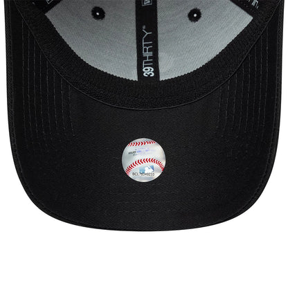 Chicago White Sox MLB Neo Black New Era 39THIRTY Stretch Fit Cap, inside view showing a white sweatband, black New Era branded taping, and a detailed underside with a sticker on the black curved visor.