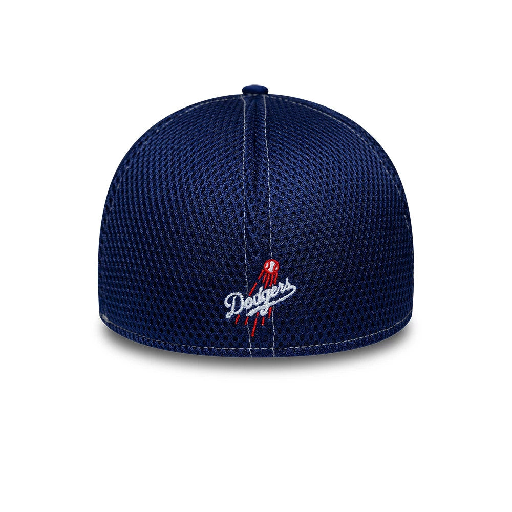 LA Dodgers MLB Neo Dark Blue New Era 39THIRTY Stretch Fit Cap, rear view showing the white and red embroidered Dodgers text logo on the dark blue mesh fabric, centred near the bottom of the structured back panels.