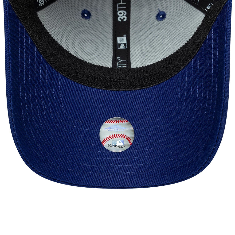 LA Dodgers MLB Neo Dark Blue New Era 39THIRTY Stretch Fit Cap, inside view showing the black sweatband and 39THIRTY taping, grey undervisor with blue eyelets, and a small round holographic MLB sticker on the dark blue visor.