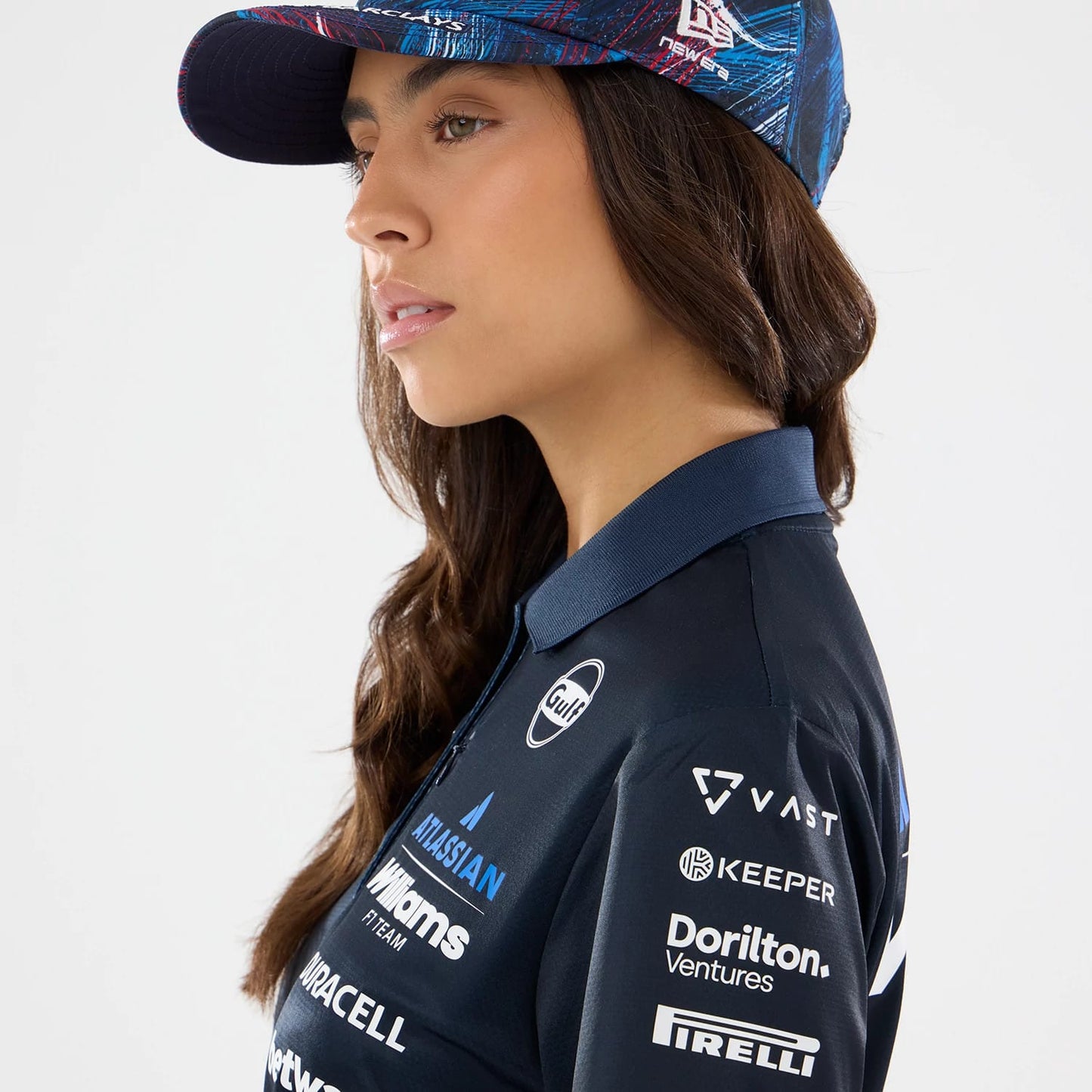 The model is wearing this Womens Williams GB Race Special Tech Polo T-Shirt  in navy. 5