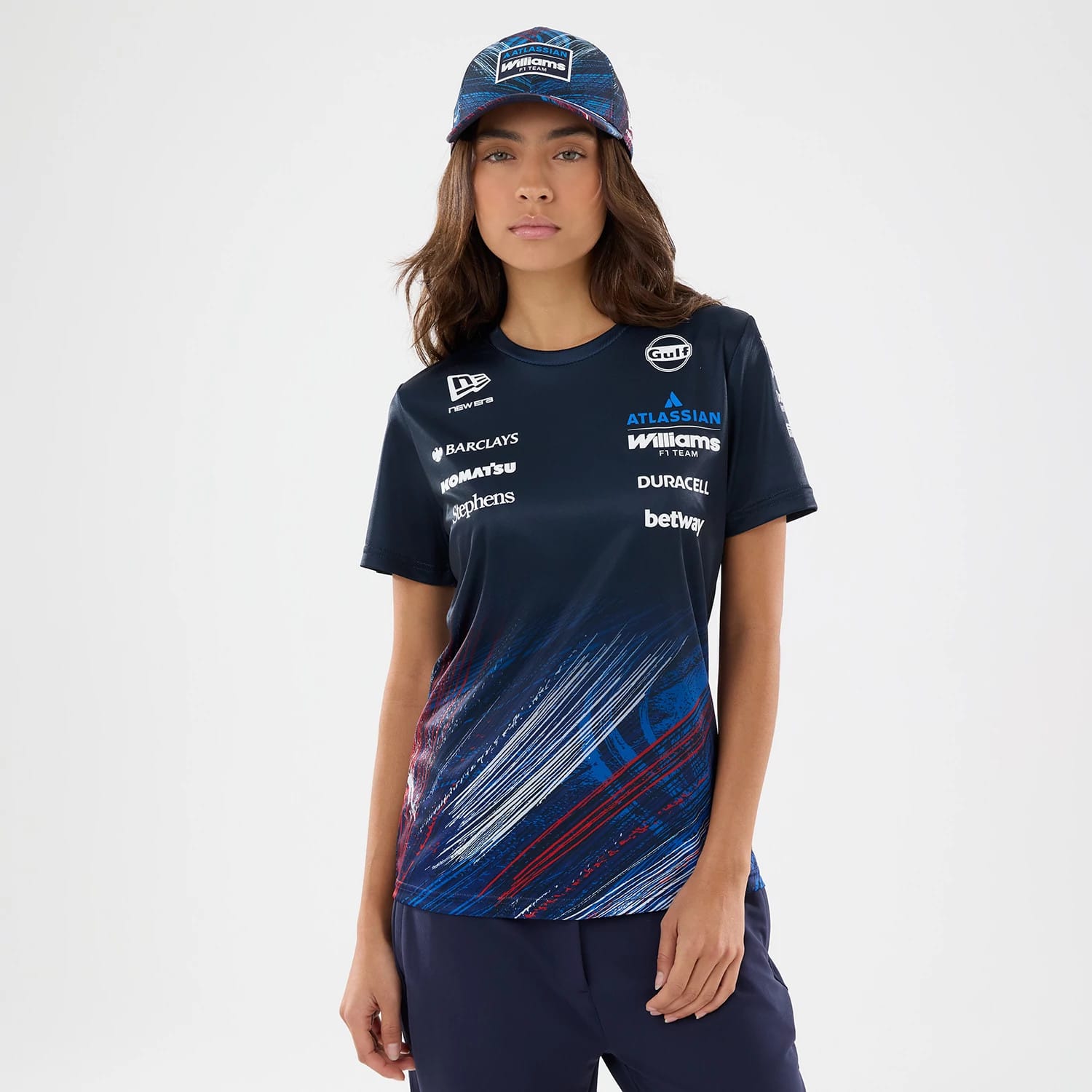 The model is wearing this Womens Williams GB Race Special Tech T-Shirt  in navy. 1