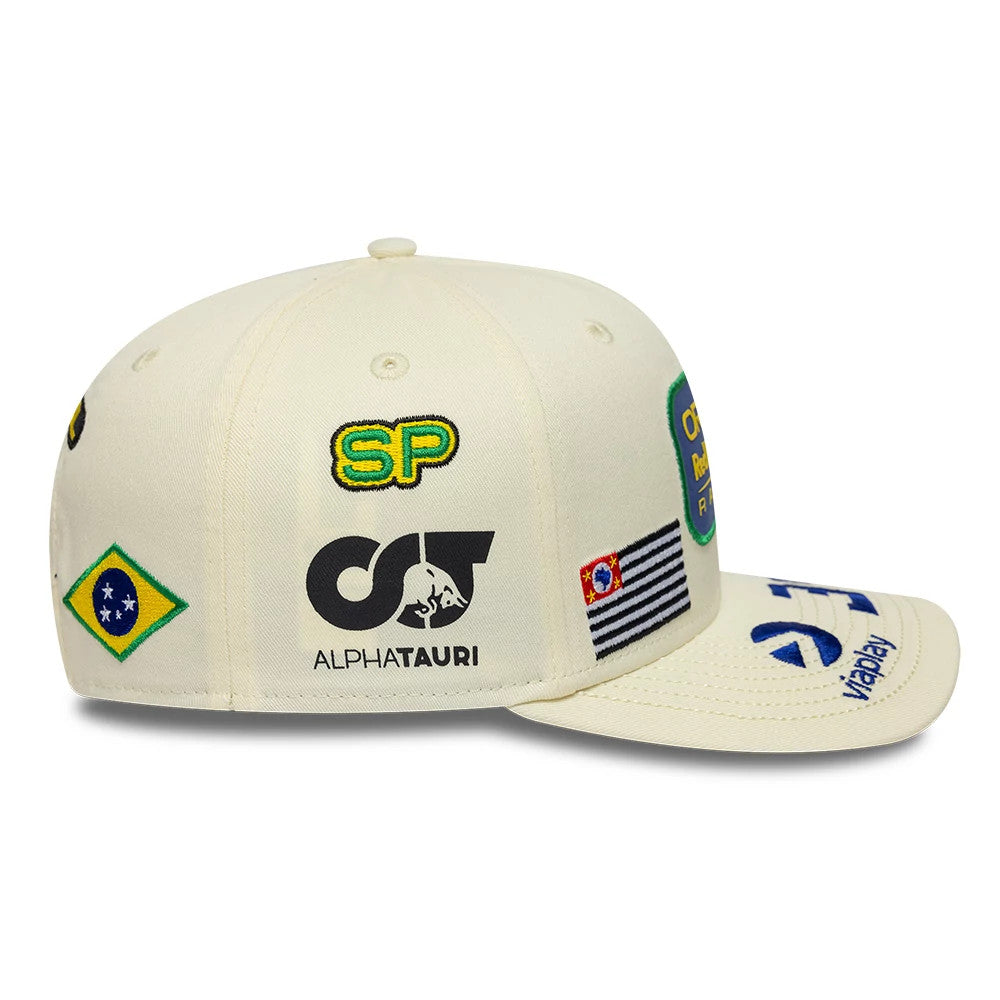 Pictured is this Brazil Race Special Max Verstappen Red Bull Racing 9SEVENTY Stretch Snap cap in cream. 6