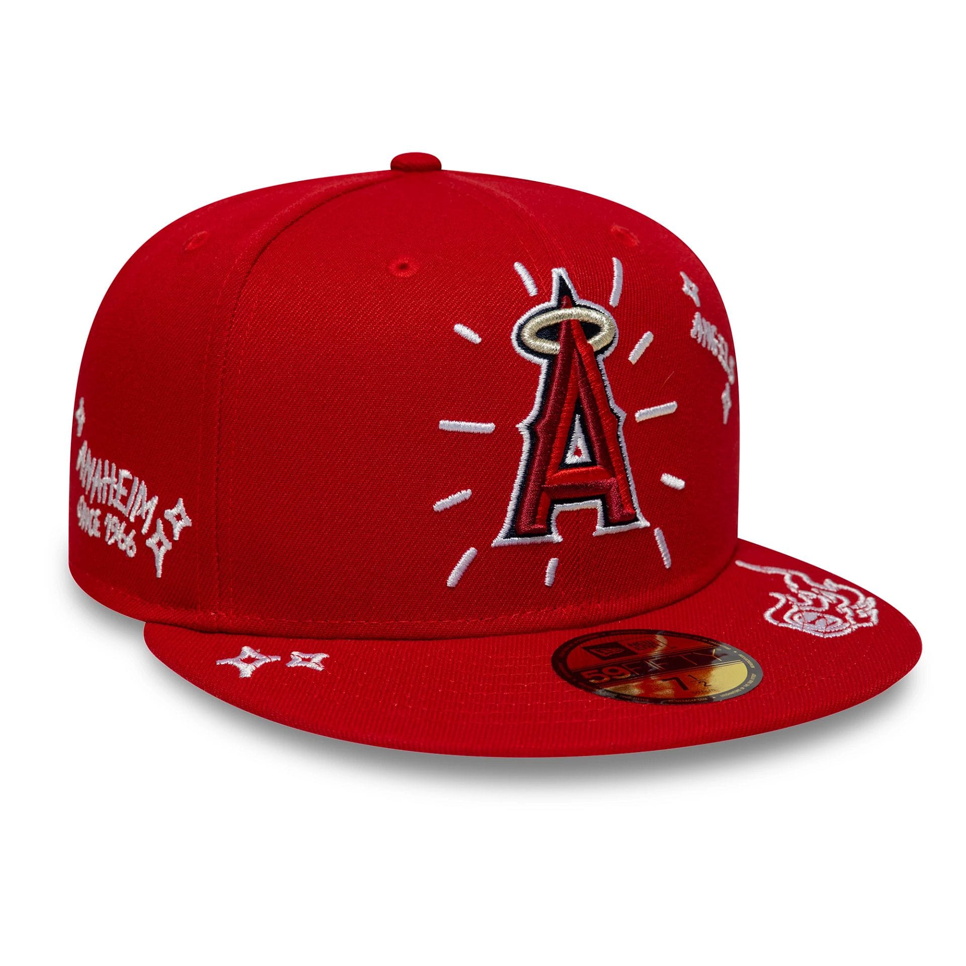 Pictured is this MLB Scribble LA Angels 59FIFTY Fitted cap in red. 4