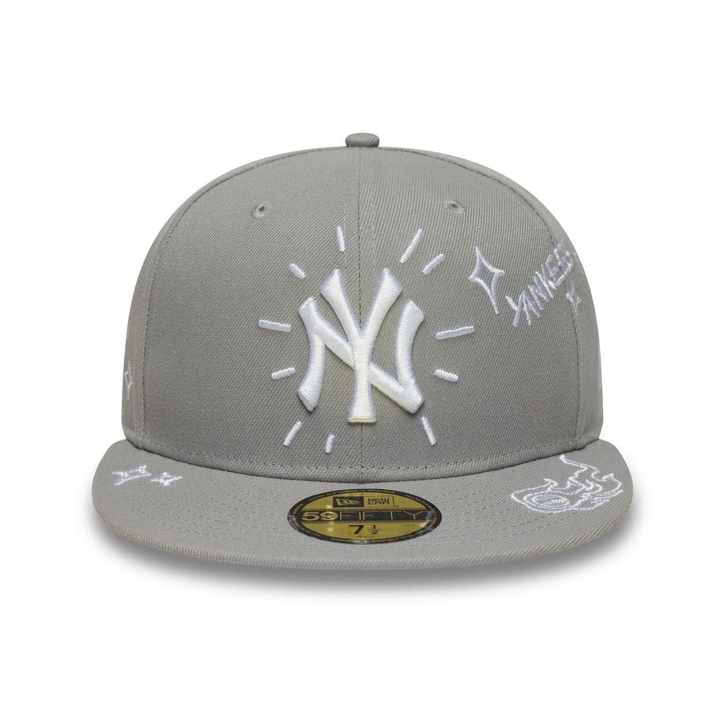 Pictured is this MLB Scribble New York Yankees 59FIFTY Fitted cap in grey. 2