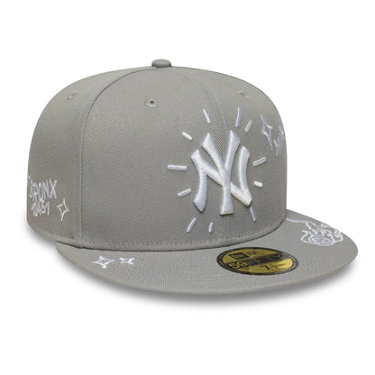 New York Yankees MLB Scribble Grey New Era 59FIFTY Fitted Cap, front view showing the large white embroidered NY logo with scribble accents on the grey crown, flat grey visor with 59FIFTY size sticker, and additional white designs around the panel.
