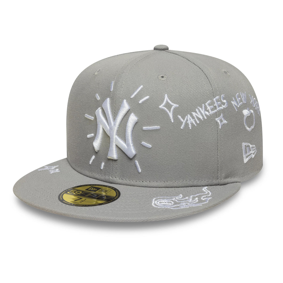New York Yankees MLB Scribble Grey New Era 59FIFTY Fitted Cap, front view showing raised white NY logo with surrounding embroidery, grey structured crown with additional white motifs and New York Yankees text.