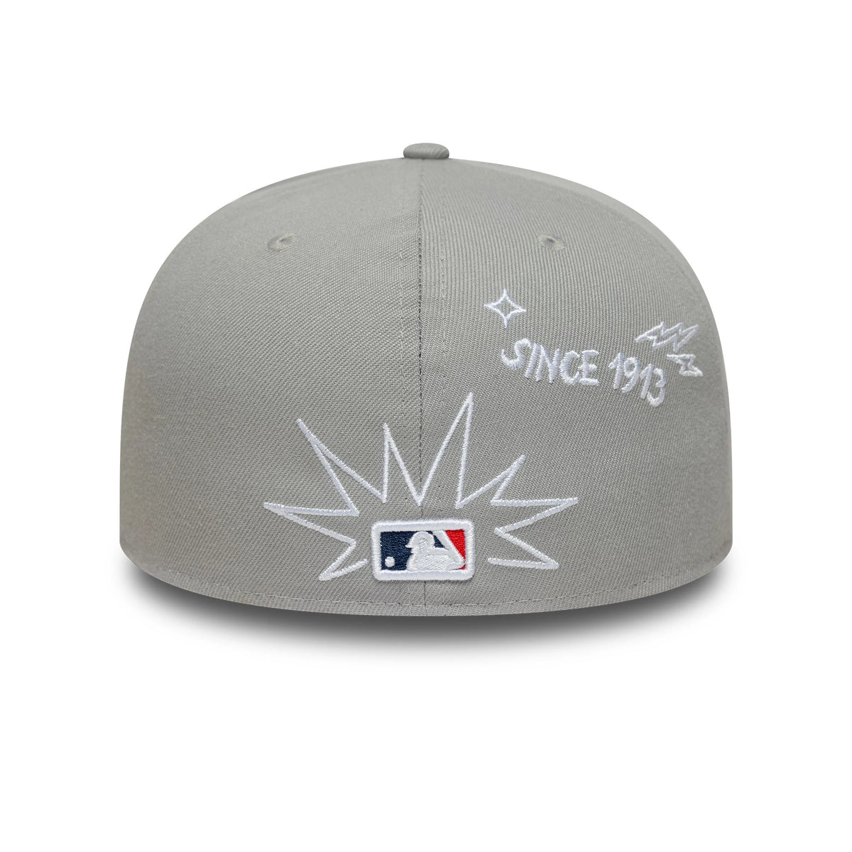 New York Yankees MLB Scribble Grey New Era 59FIFTY Fitted Cap, rear view showing the white MLB Batterman logo with a starburst design embroidered at the centre back, alongside additional white script and scribble graphics on the grey fabric.