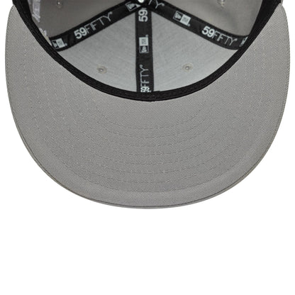 New York Yankees MLB Scribble Grey New Era 59FIFTY Fitted Cap, inside view showing the grey undervisor and black taping with white 59FIFTY and New Era logos, complete with grey eyelets on the structured crown panels.