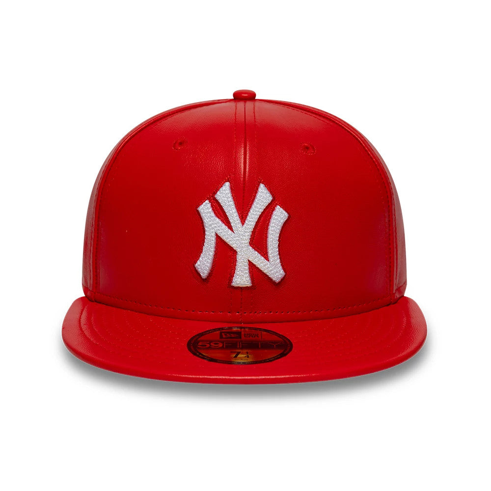 Pictured is this MLB Leather New York Yankees 59FIFTY Fitted cap in red. 3