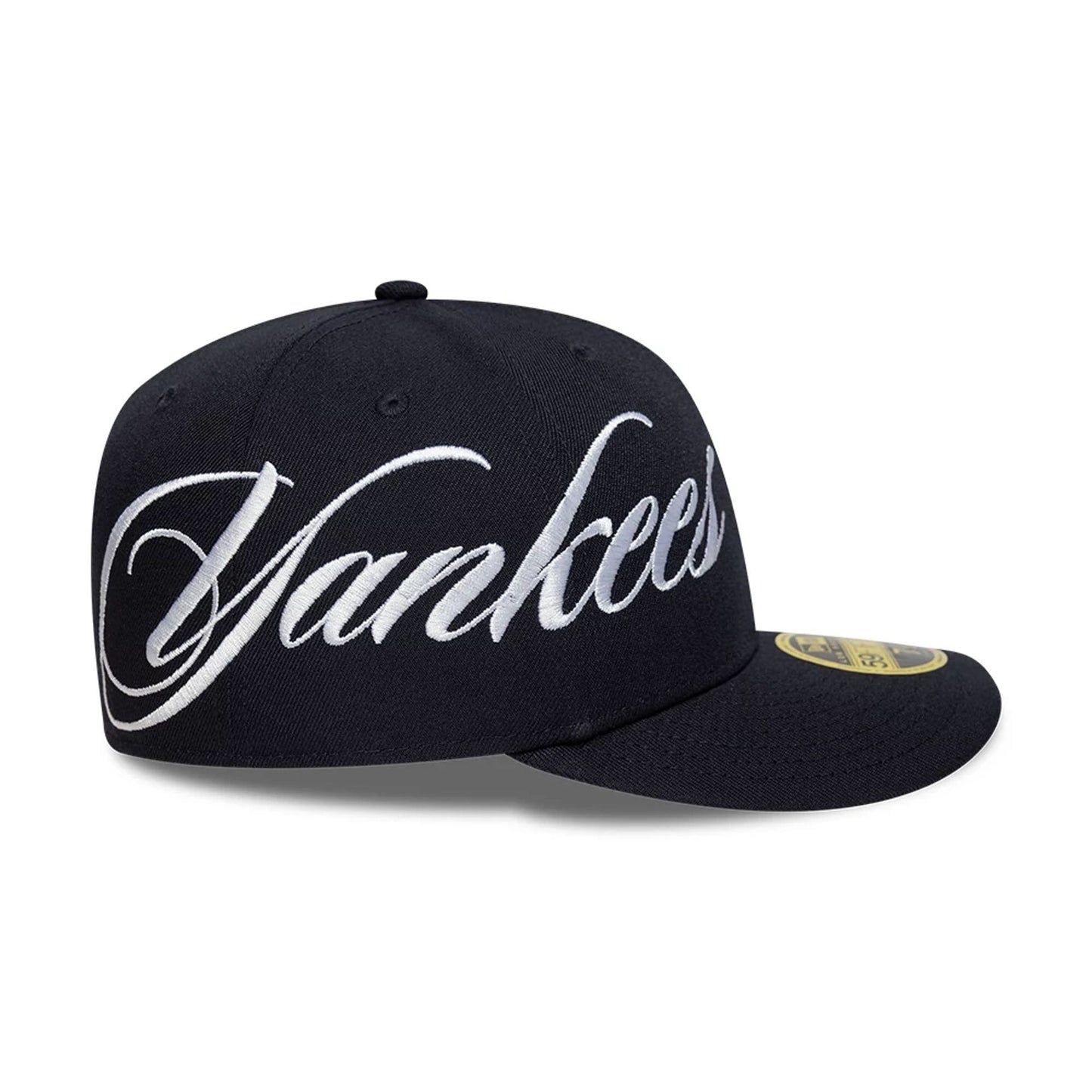 Pictured is this MLB Side Script New York Yankees Low Profile 59FIFTY Fitted cap in navy. 5