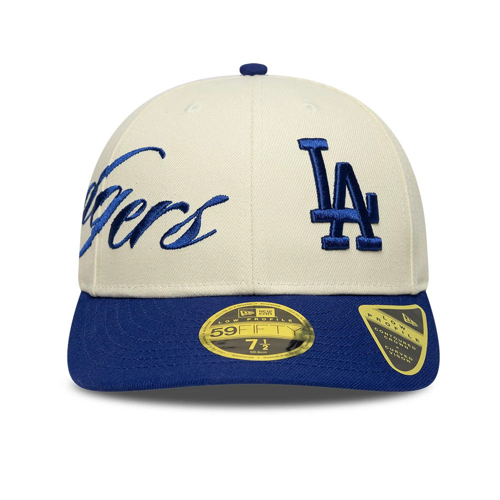 Pictured is this MLB Side Script LA Dodgers Low Profile 59FIFTY Fitted cap in Cream. 3