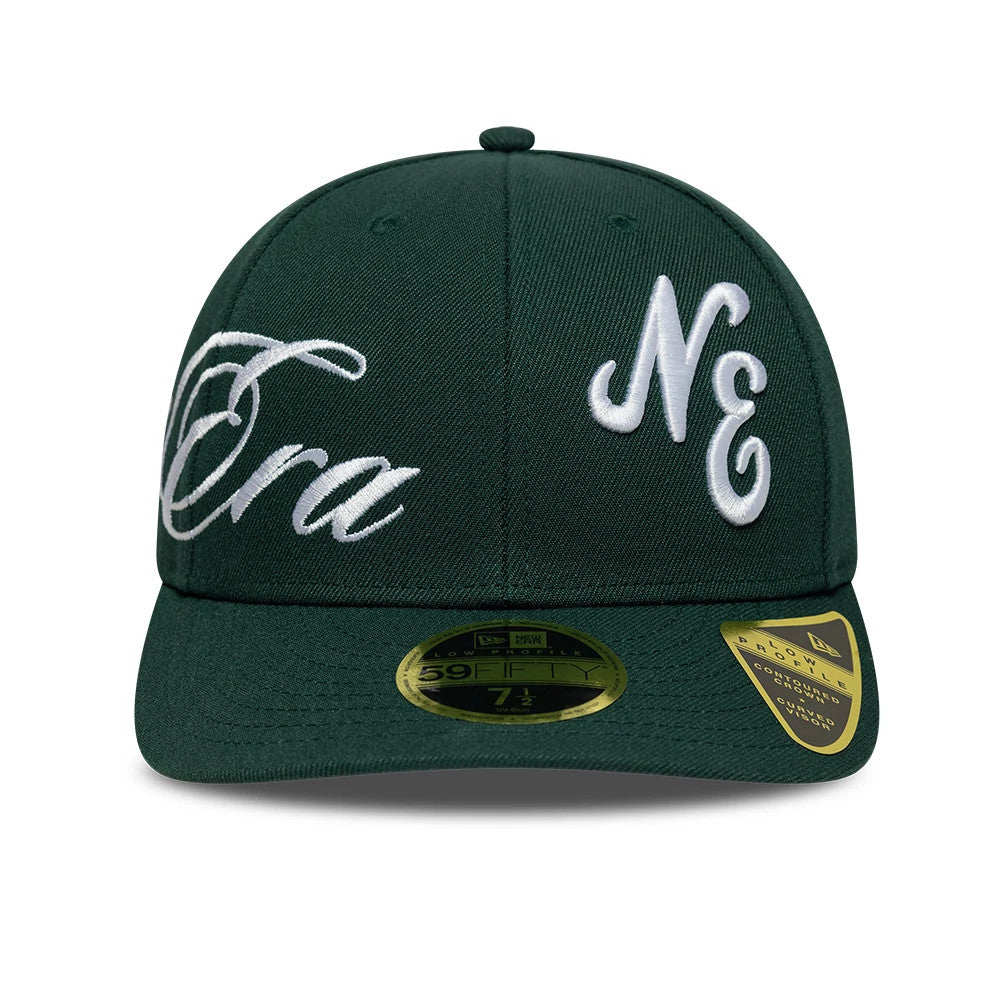 Pictured is this New Era Side Script Low Profile 59FIFTY Fitted cap in dark green. 3