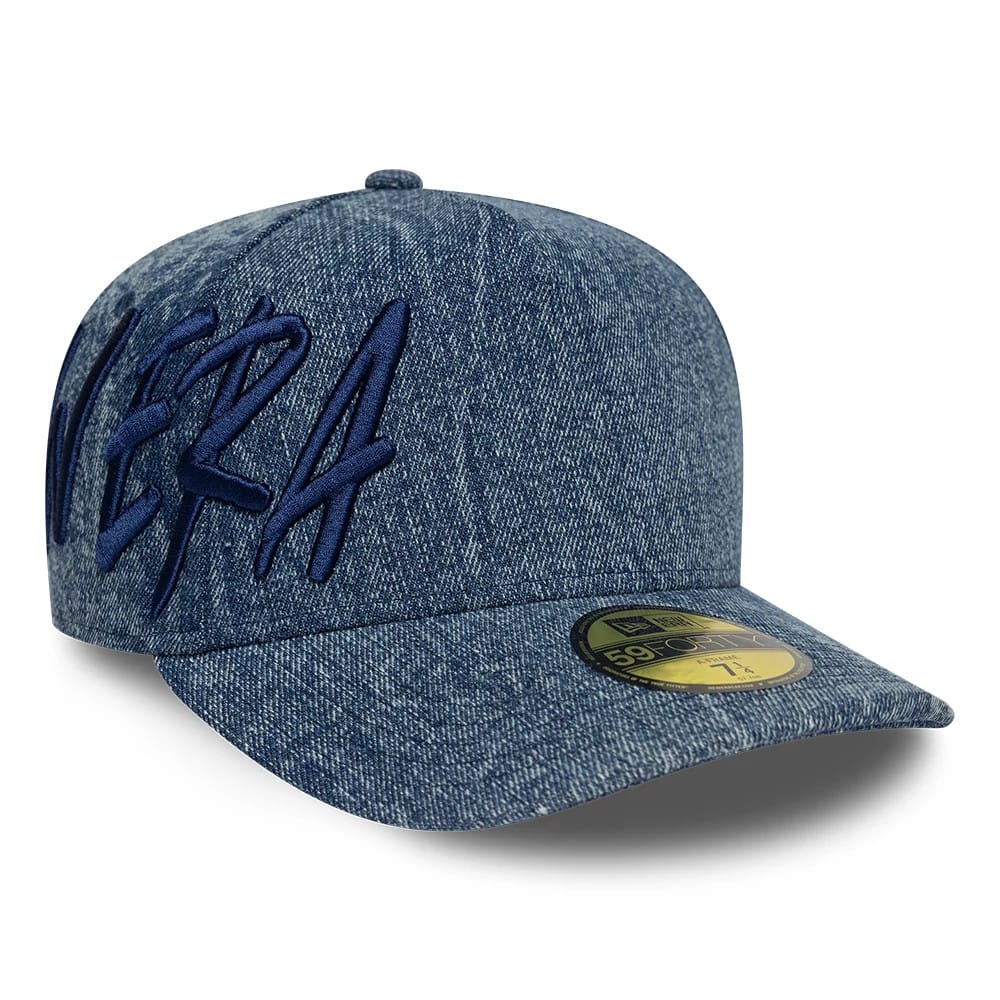 Pictured is this New Era Denim 59FORTY A-Frame Fitted cap in navy. 1