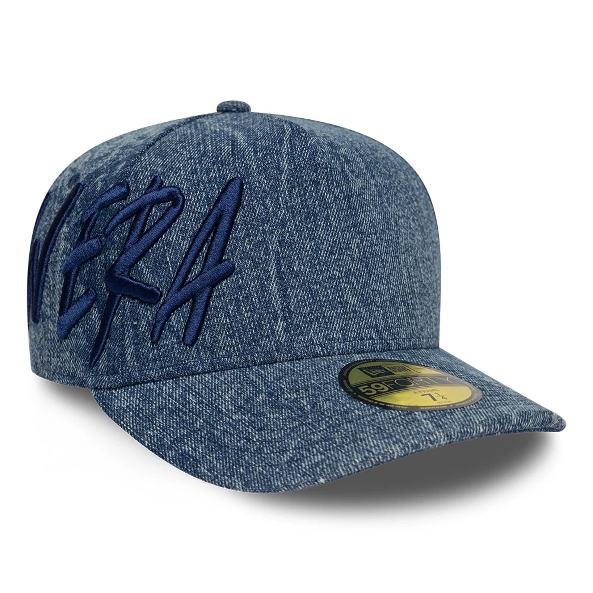 Pictured is this New Era Denim 59FORTY A-Frame Fitted cap in navy. 1