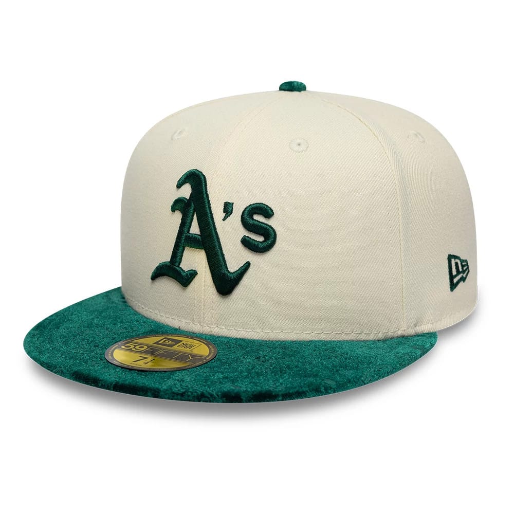 Pictured is this MLB Paisley Visor Athletics 59FIFTY Fitted cap in Cream. 1