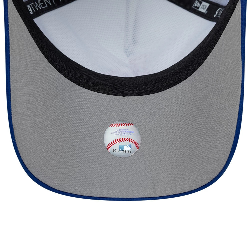LA Dodgers MLB Panel Blue New Era 9TWENTY A-Frame Adjustable Cap, inside view showing the grey undervisor with a Major League Baseball holographic sticker, black sweatband with white New Era branding, and blue trim along the edge.