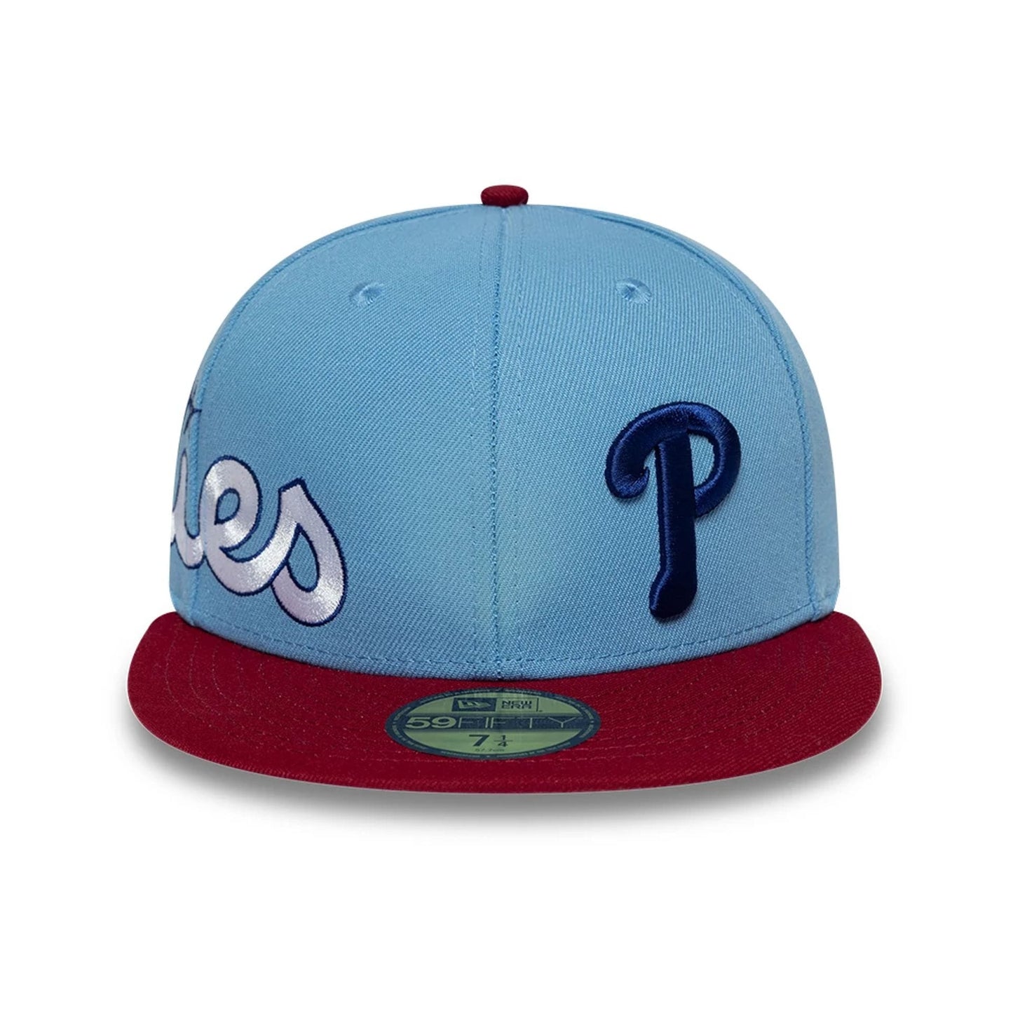 Pictured is this MLB Multi Logo Philadelphia Phillies 59FIFTY Fitted cap in pastel blue. 3