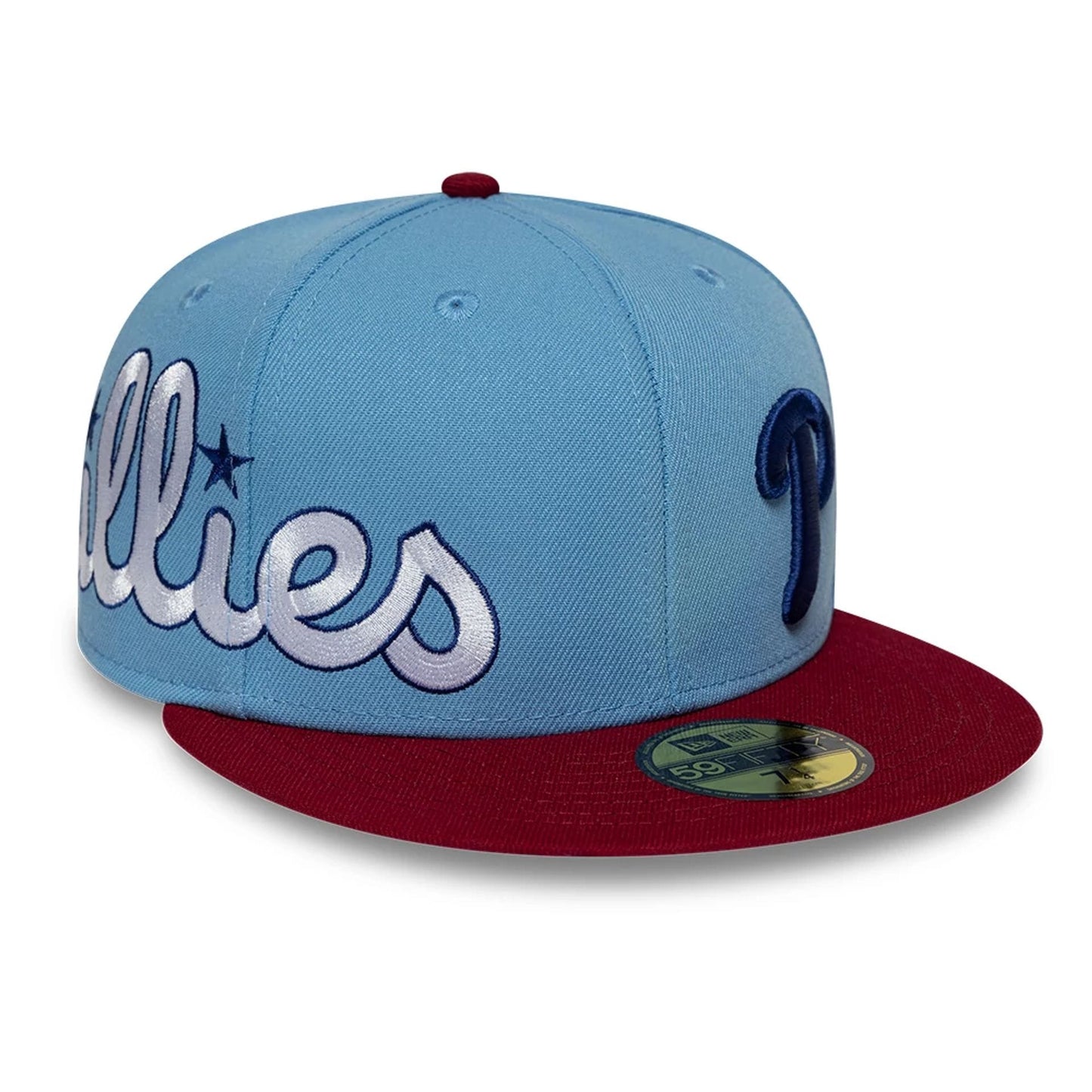 Pictured is this MLB Multi Logo Philadelphia Phillies 59FIFTY Fitted cap in pastel blue. 5
