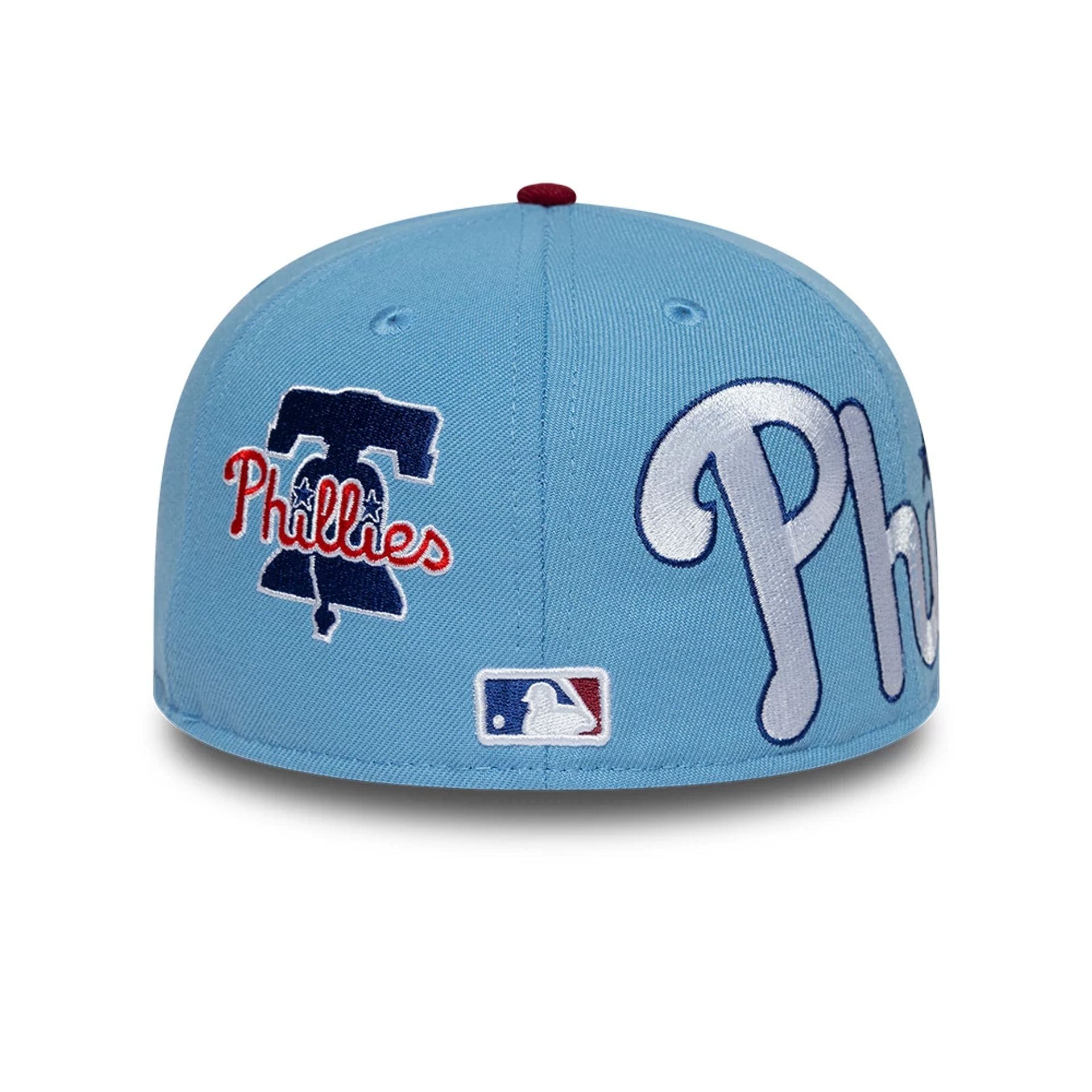 Pictured is this MLB Multi Logo Philadelphia Phillies 59FIFTY Fitted cap in pastel blue. 4