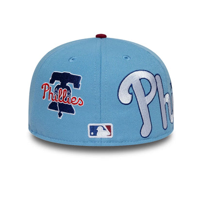 Pictured is this MLB Multi Logo Philadelphia Phillies 59FIFTY Fitted cap in pastel blue. 4